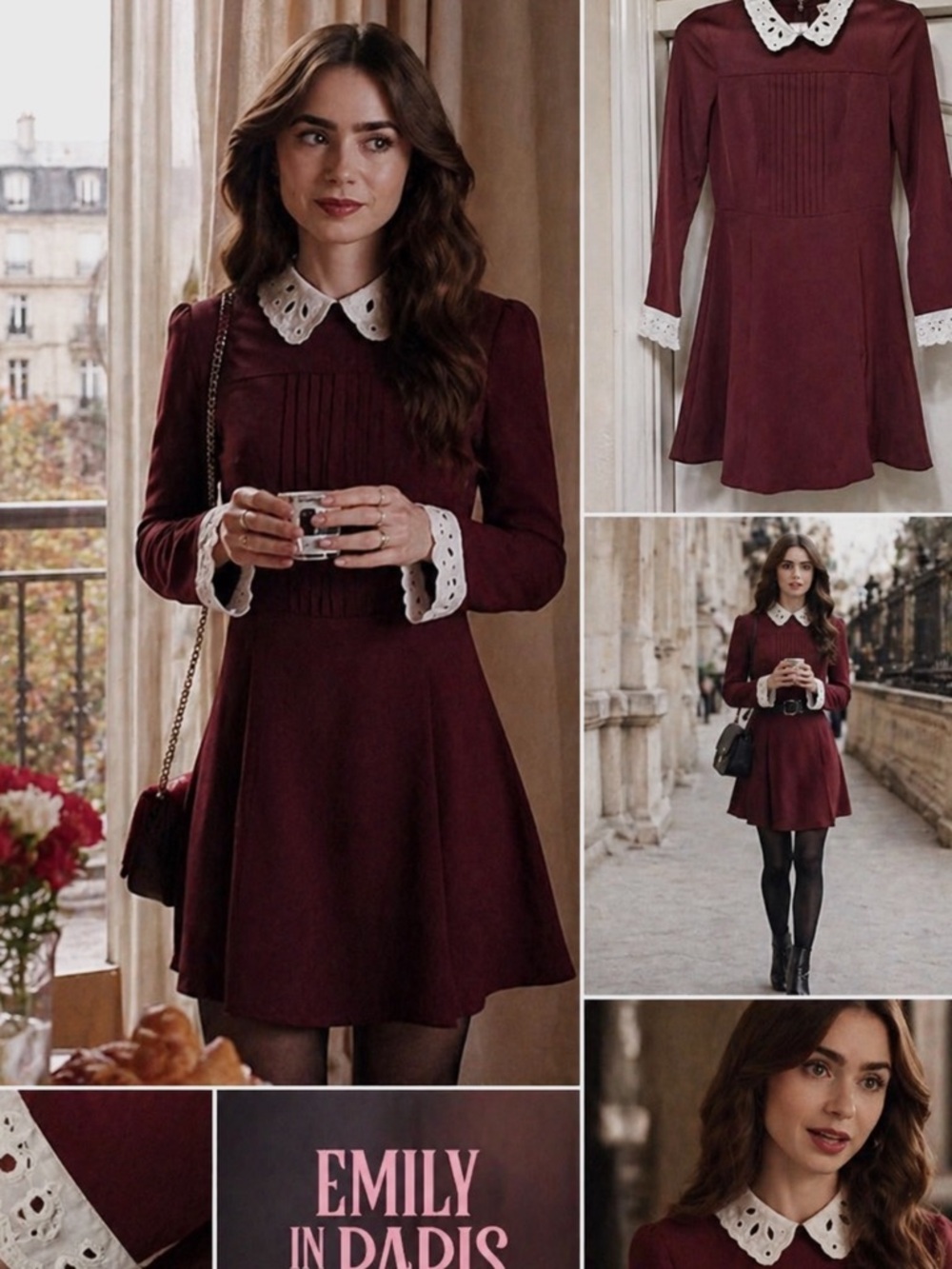 Burgundy Collared Dress Eyelet Accents Long Sleeve Emily in Paris Style S #twee